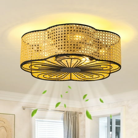 HOOMEDELIER  20" Boho Caged Ceiling Fan with Light and Remote Low Profile Flush Mount Fan 5 Lights