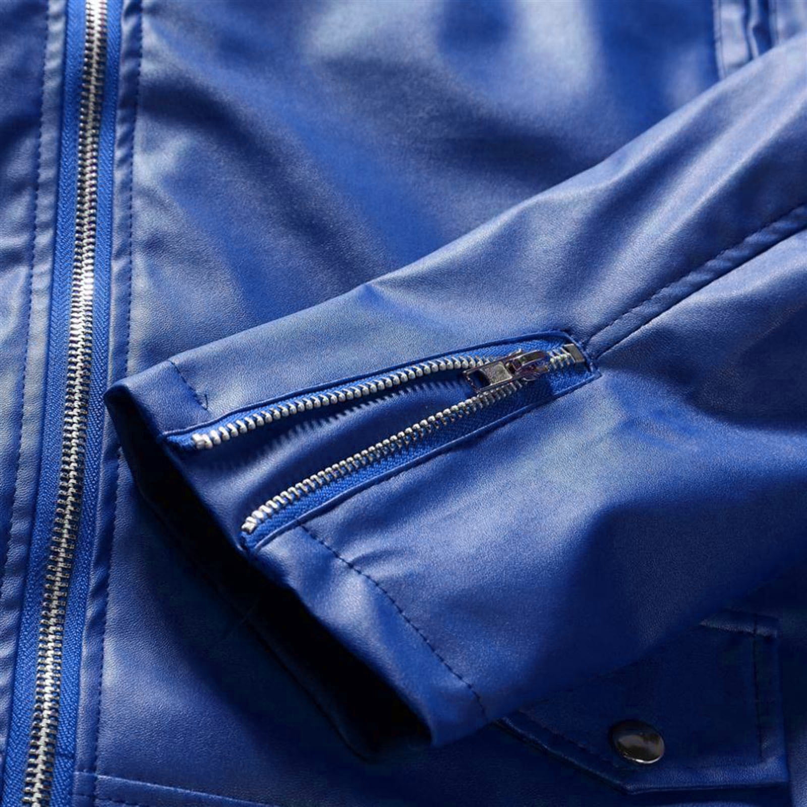 DUMUIELD Men Faux Leather Jacket Full Zip Up Collar PU Leather Motorcycle Jacket Plus Size Bomber Coat Outwear with Pockets Dark Blue,XS