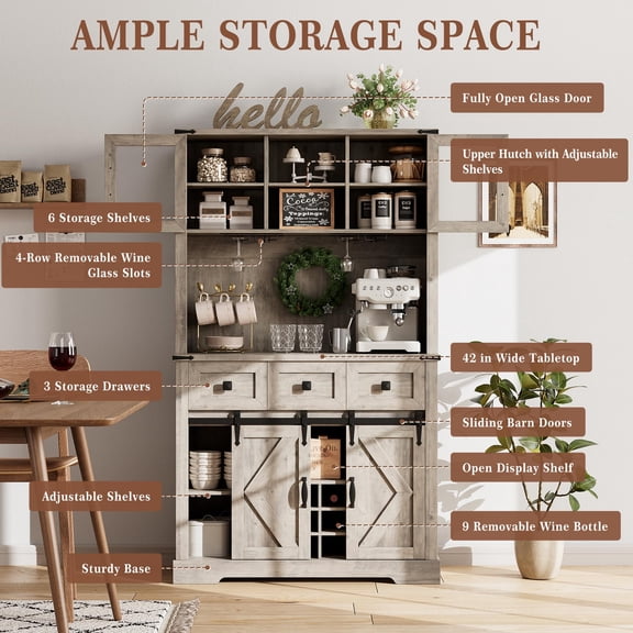 Kojooin 72" Farmhouse Bar Cabinet with Sliding Barn Door, Tall Kitchen Buffet with Storage Hutch and 3 Drawer
