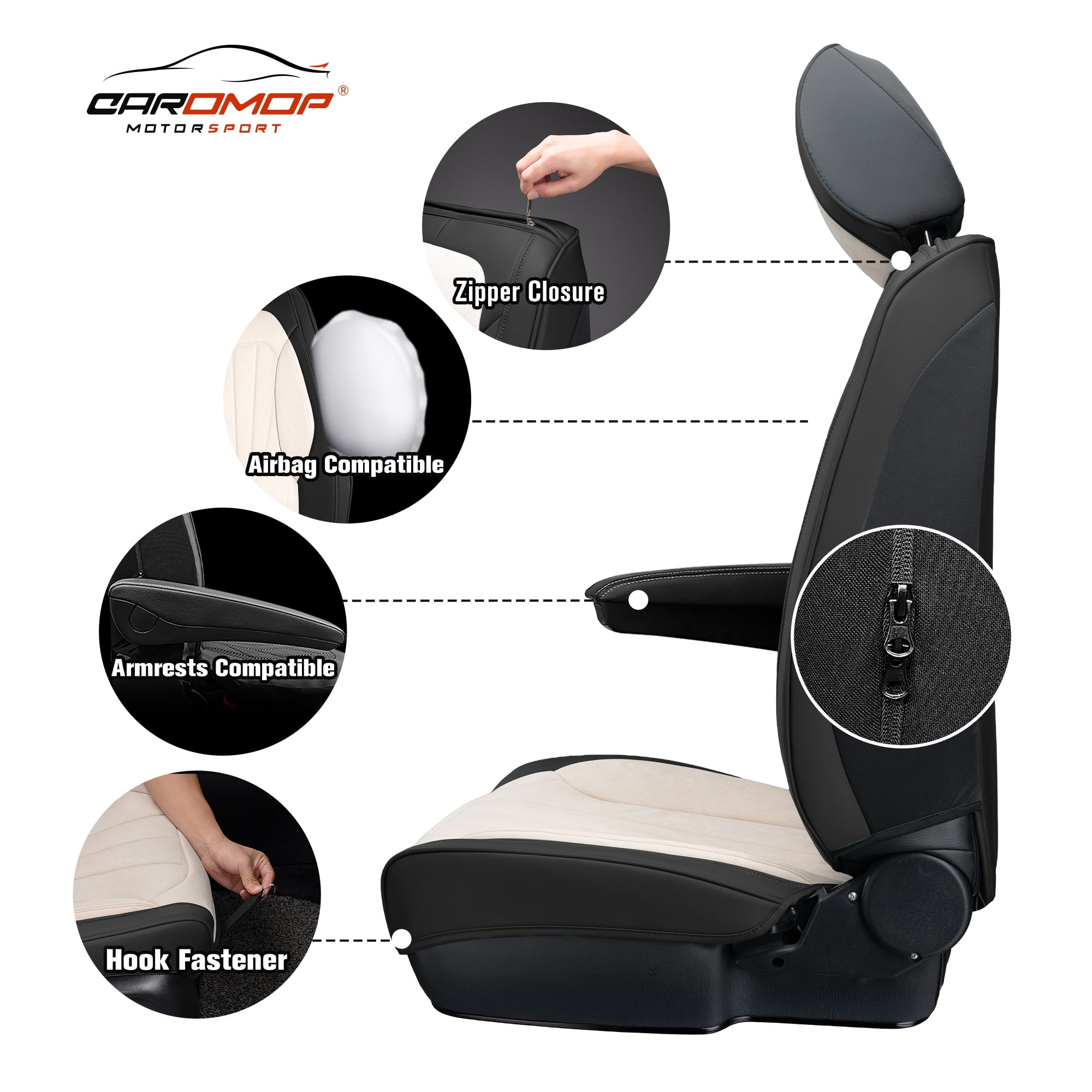 Caromop Universal Car Seat Covers Full Set,3D Foam Support in Velvet & PU Leather,Armrest Compatible for Cars, Trucks, SUVs (Beige/Black)
