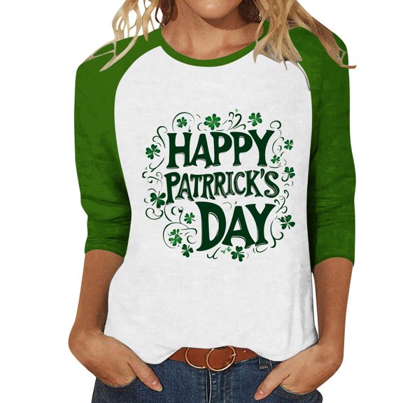 JTZGDY Plus Size St. Patrick's Day Tops for Women Dressy Casual Raglan 3/4 Sleeve Green Gilter Shamrock Print Round Neck Graphic T-Shirts Trendy Oversized Holiday Outfit Clothes Green#03 XXL