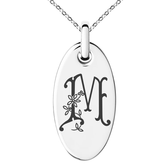 Stainless Steel Letter M Initial Floral Monogram Engraved Small Oval Charm Pendant Necklace