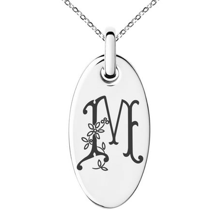 Floral Victorian Pendant Stainless Steel Letter M Initial Floral Monogram Engraved Small Oval Charm Pendant Necklace ()