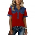 thumbnail image 5 of Denim Shirt Women Trendy Patchwork Short Sleeve Jean Shirt Casual Lapel Collared Shirts Button Up V Neck T Shirts Red 2XL, 5 of 5