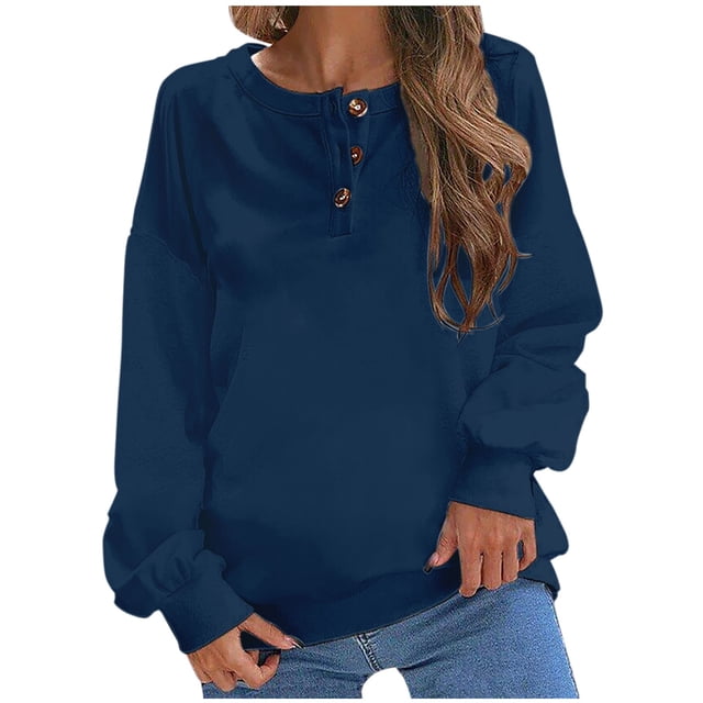 AherBiu Chandail en Molleton pour Femmes Tendance Col Rond Pull d'Automne Hauts Amples T-Shirts Décontractés à Boutons