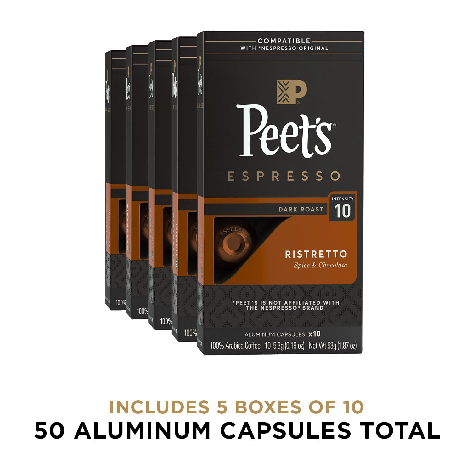 Peet's Coffee, Dark Roast OKA4&nbsp;Espresso Capsules, Compatible with Nespresso Original Machine - Ristretto Intensity 10, 50 Count (5 Boxes of 10 Espresso Capsules)