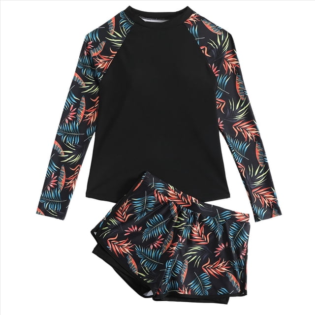 Traje de Baño de Dos Piezas con Camiseta y Pantalones Cortos de Larga para Mujer con Sujetador Incorporado Azul Naranja M