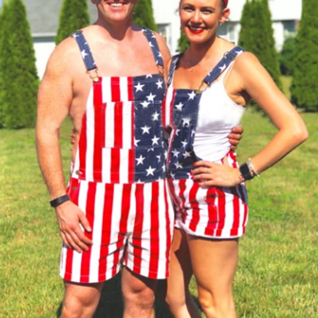 250th Anniversary American Flag Overalls Denim Bib Jumpsuit Shorts Jean Romper for Men