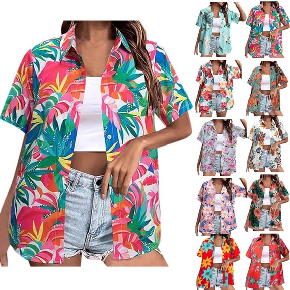 Women Blouses Dressy Casual Work Business Shirts Button Down Floral Print Short Sleeve Lapel Collared Fashion Tops