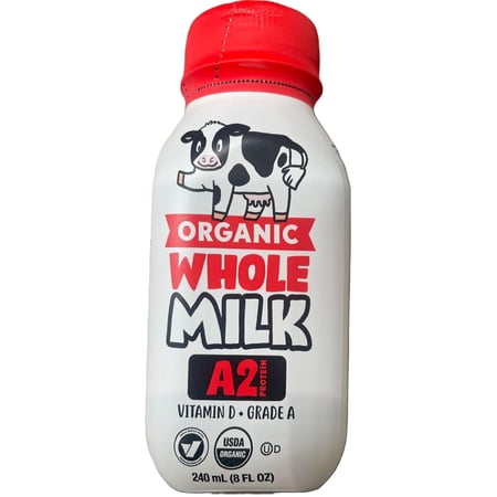 A2 Whole Milk Organic Shelf Stable Whole Milk Bottle, Grass Fed Milk has D & A2 Protein Single Serve, 8.0 Fl oz (Pack of 18)