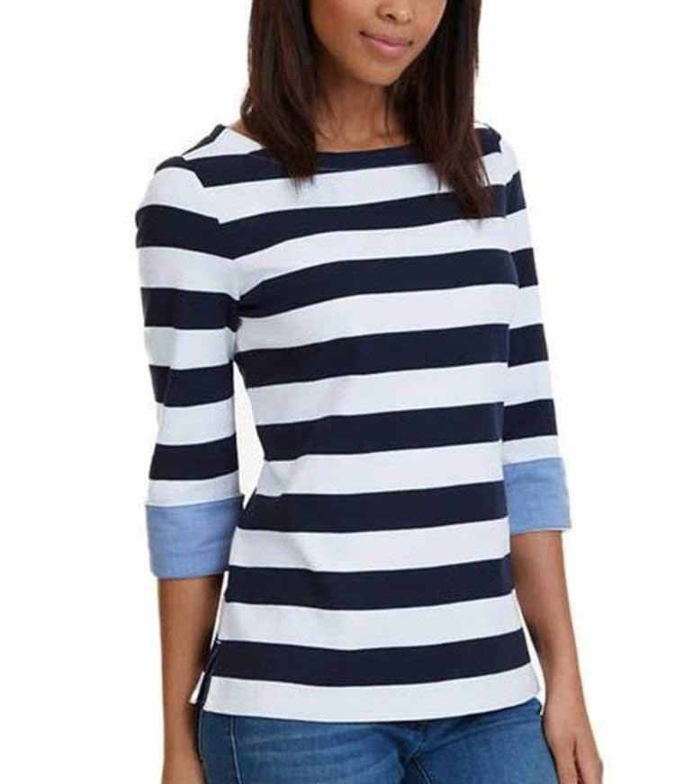Nautica Womens ChambrayCuff 3/4 Sleeve Top (Navy Stripe, XLarge)
