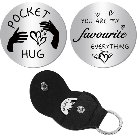 1 Set Hand Pocket Hug Token Long Distance Relationship Keepsake Stainless Steel Double Sided Memorial Coin with Black Leather Clip Keychain for Women Men Inspirational Gift 1.2 x 1.2Inch(Silvery)