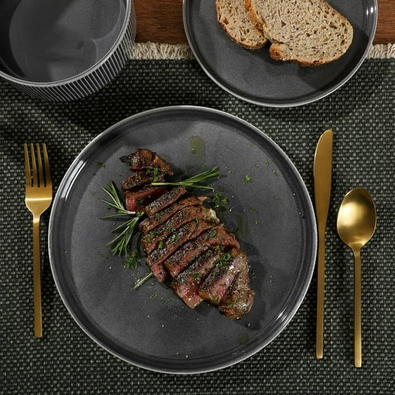 Solana Coast 12 Piece Stoneware Reactive Glaze (Service for 4) Ceramic Plates and Bowls Modern Shape Embossed Dinnerware Set - Black