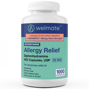 WELMATE Antihistamine Allergy Relief, Diphenhydramine HCL 50mg, USA Made - 1000 Capsules