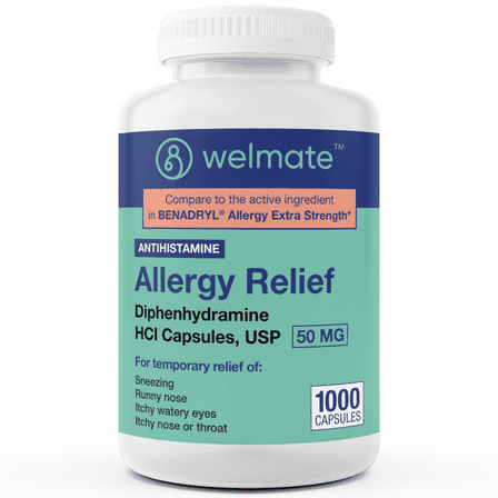 WELMATE Antihistamine Allergy Relief, Diphenhydramine HCL 50mg - 1000 Capsules