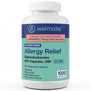 WELMATE Antihistamine Allergy Relief, Diphenhydramine HCL 50mg - 1000 Capsules