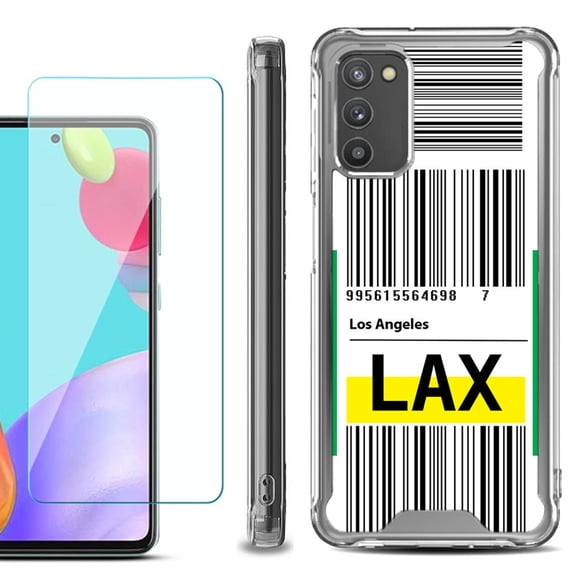 Shockproof Bumper Phone Case for Samsung Galaxy A03s, with Tempered Glass Screen Protector, by OneToughShield ® - Airport Tag / Los Angeles