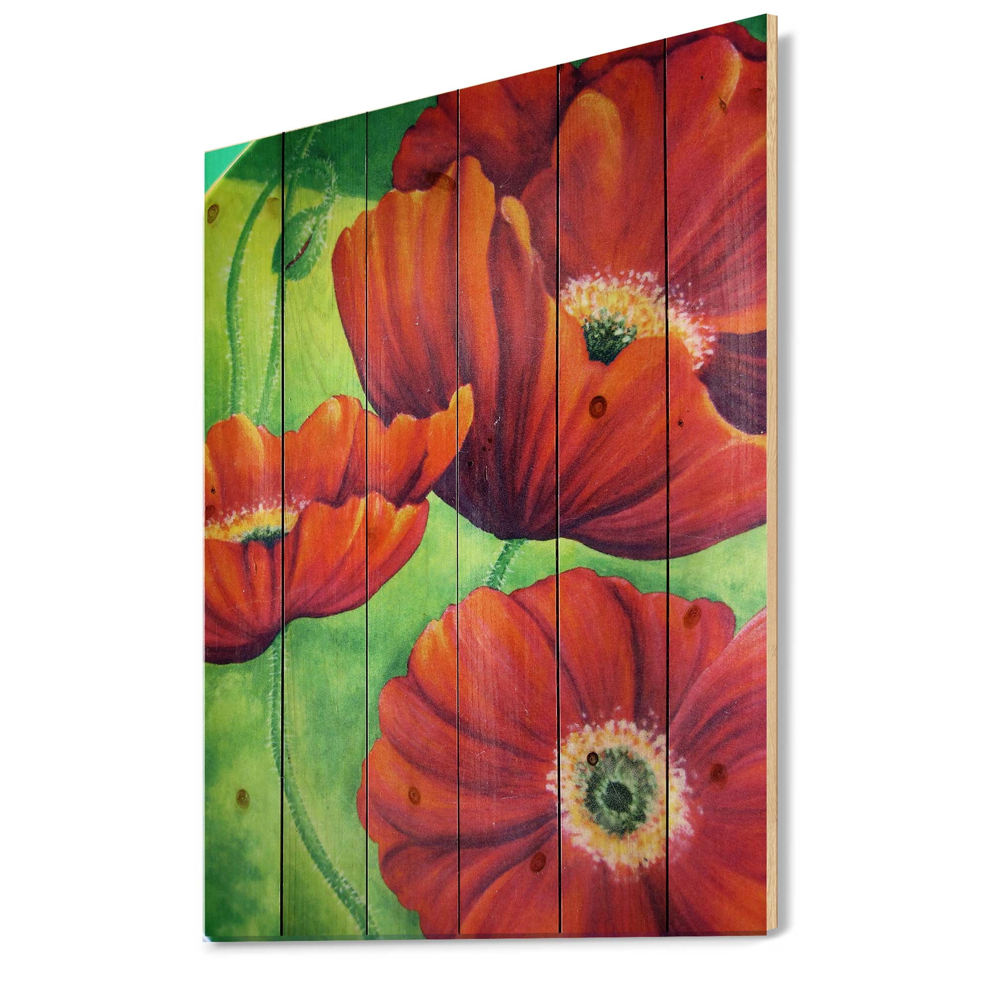 Designart 'Red Blossoming Poppies Over Wild Green V' Traditional Print on Natural Pine Wood