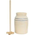 thumbnail image 2 of Butter Churn - Hand-Turned Stoneware Dasher-Style Churn, Natural Stone Color with Blue Stripes, 3 Gallon, 2 of 6