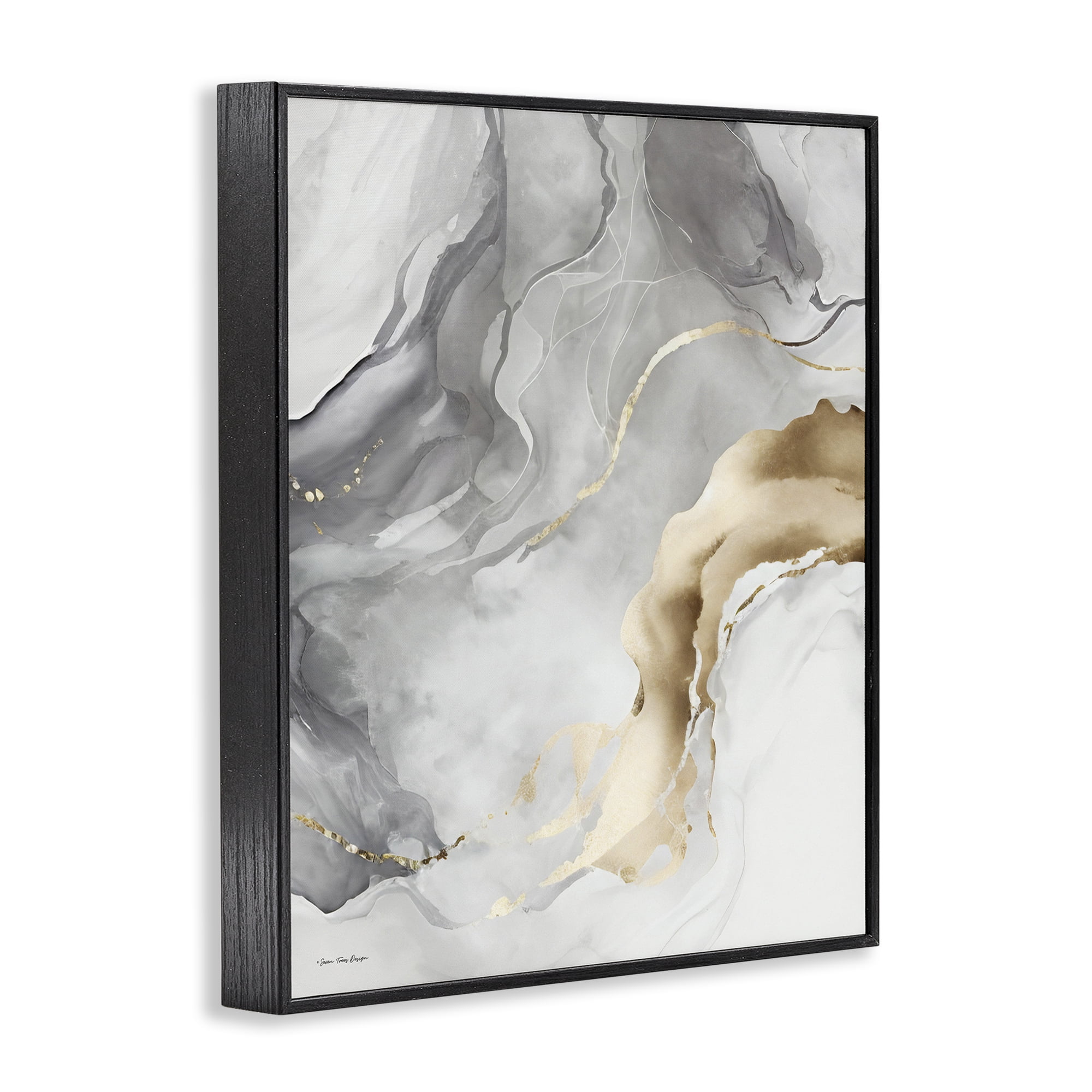 Stupell Industries Marbled Grey & Glam Abstract Painting Black Framed Art Print Wall Art, 16 x 20