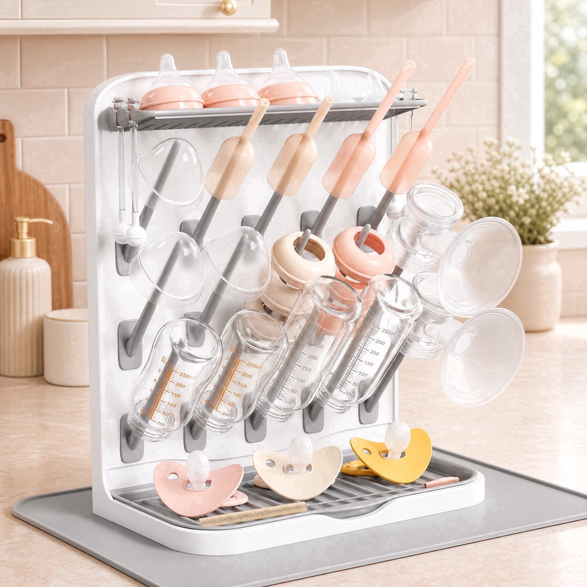 Norcho 15 Hooks Baby Bottle Drying Rack with Drain Mat, Newborn Essential