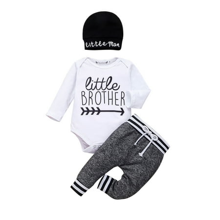

Kuriozud Baby Boy Letter Print Long Sleeve Romper Stripe Long Pants Hat Set