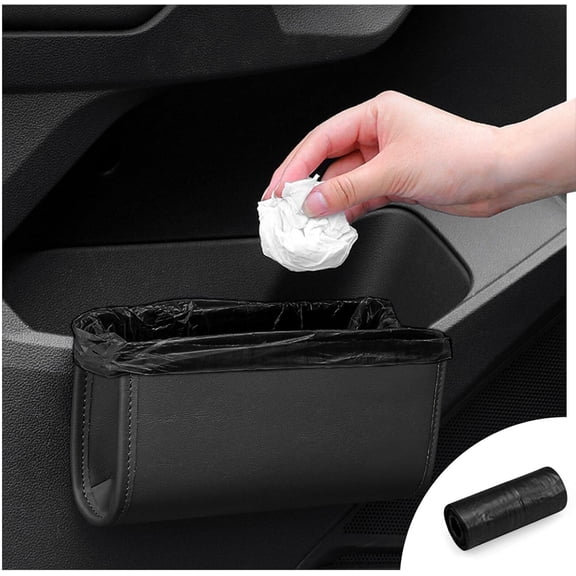 Car Trash Can, Leather Car Trash Bin Door Organizer with a Roll of Garbage Bag, Foldable Hanging Mini Cars Storage Must Have Essentials Interior Accessories(Black)