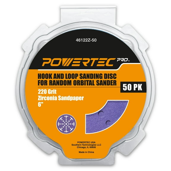 POWERTEC 50PK PRO 6 Inch 49 Holes Sanding Disc, 220 Grit, Zirconia Hook and Loop Film Backing Sandpaper for Festool Random Orbital Sanders - Automotive, Paint, Metal, Woodworking, 46122Z-50