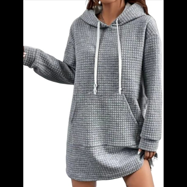 Suéter Deportivo Informal de Larga con Cordón y Cuello de Gofre para Mujer, Holgado, con Capucha y Bolsillos Gris XXL
