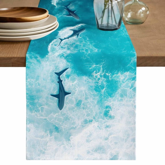 Teal Blue Ocean Shark Table Runner, Coastal Wave Summer Beach Washable Cotton Linen Table Runners 60 Inches Long, Dresser Scarf Runner for Coffee/TV Stands/Kitchen/Cabinets 13''x60''