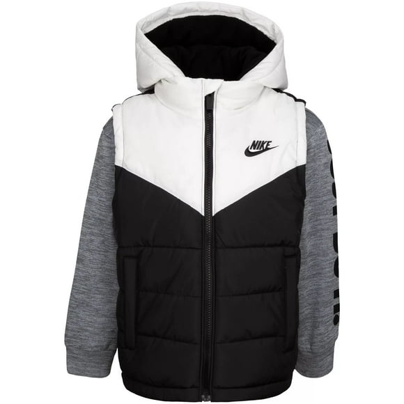 Nike Little Boys' 2Fer Full Zip Puffer Jacket (White(76G481-001)/Black, 3T)