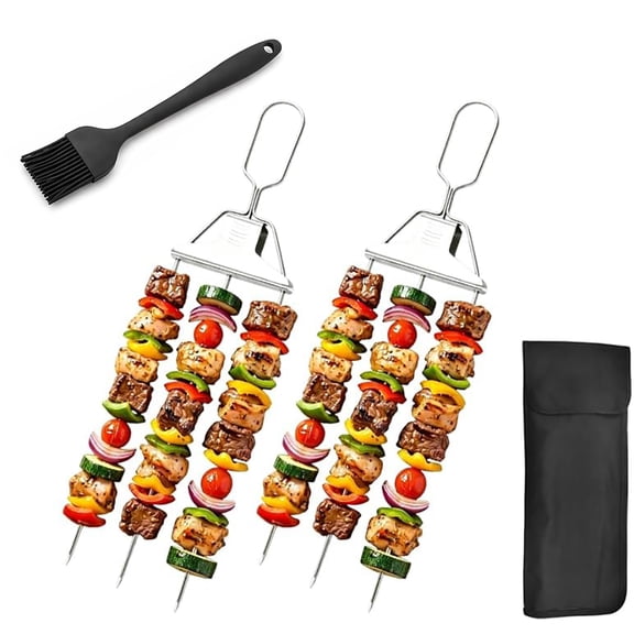 3 Prong Skewers for Grilling,Stainless Steel BBQ Skewer with Push-Off Slider, Reusable Metal Kabob Skewers, Outdoor Grill Accessories with Storage Bag for Meat,Vegetables,Chicken(2pcs)