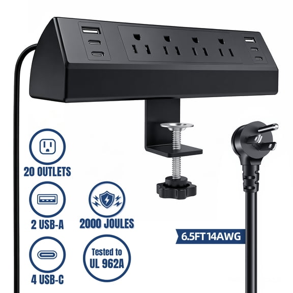 ZHANGONG Desk Clamp Power Strip, 4 AC Outlets 6 Usb Ports, 2000 Joules Surge Protector, 1875W 15A, 6.5 ft Flat Plug Cord, Black, Tested to UL 962A
