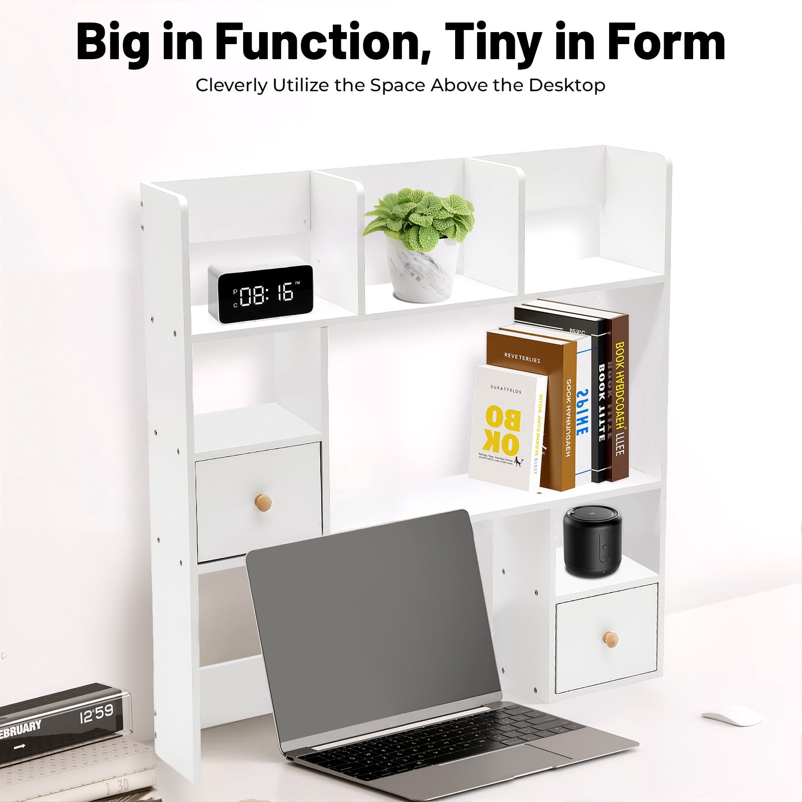 ChicHomey 9-Compartment White Desktop Bookshelf,White Tabletop Display Hutch,Space-Saving Tabletop Design,Freestanding Desk Organizer for Study & Office