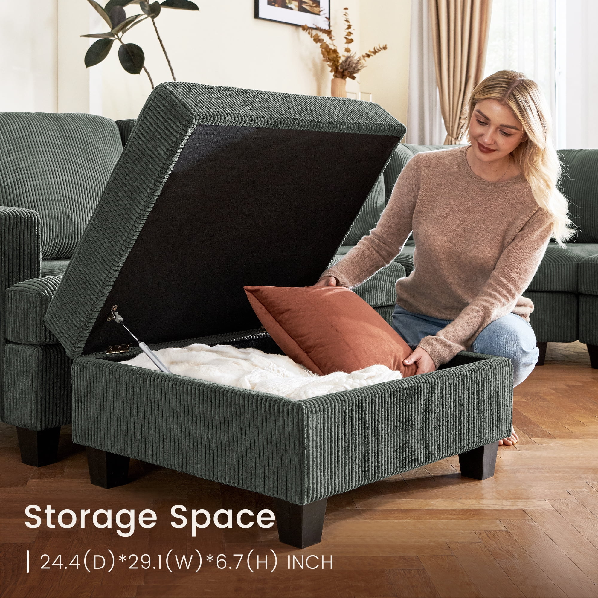 HONBAY 128.1" Modern Sectional Sofa Bed Couch U Shape Corduroy Sleeper Oversized with Storage Ottomans for Living Room, Green