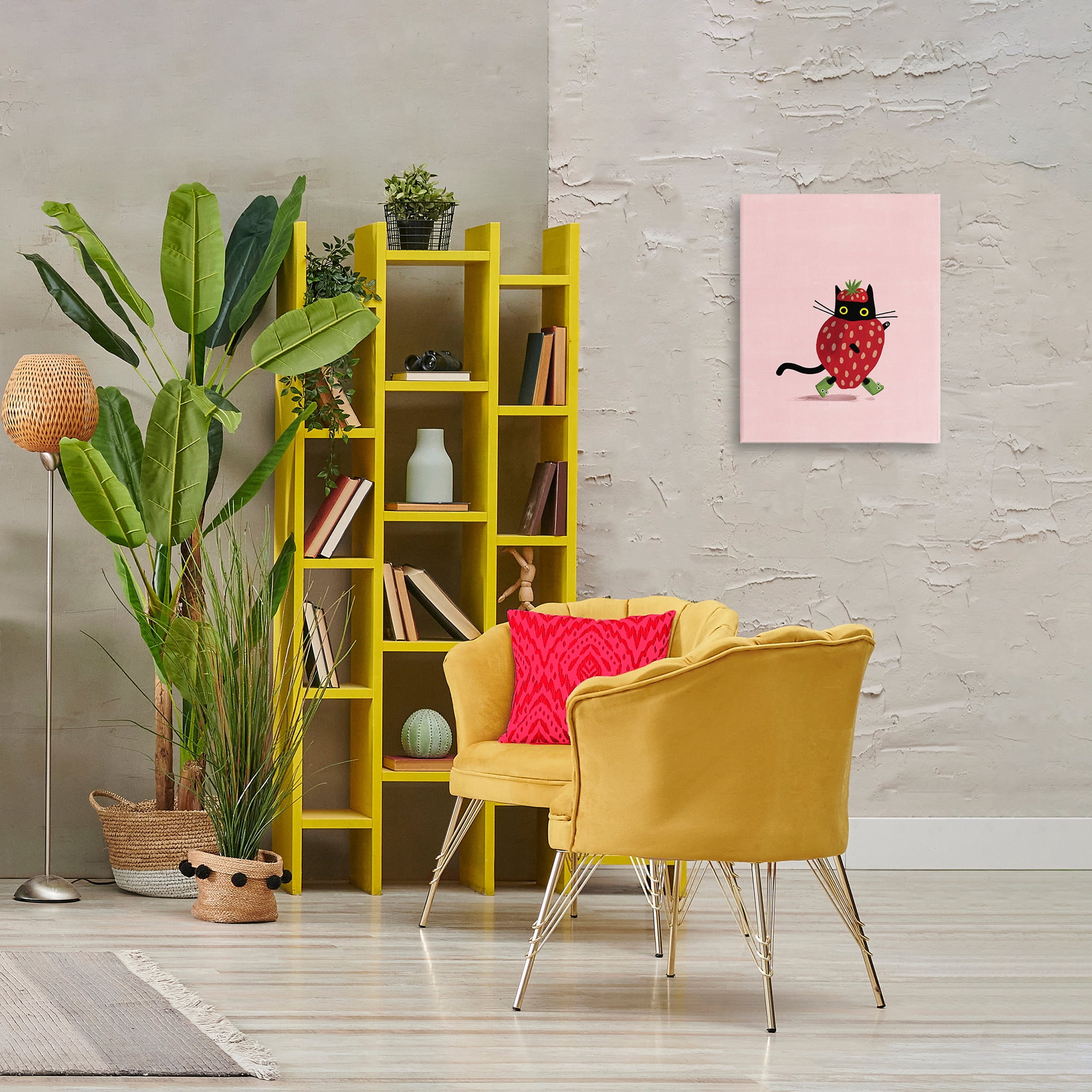 Stupell Industries Strawberry Cat on Pink Animals Painting Wrapped Canvas Art Print Wall Art, 16 x 20