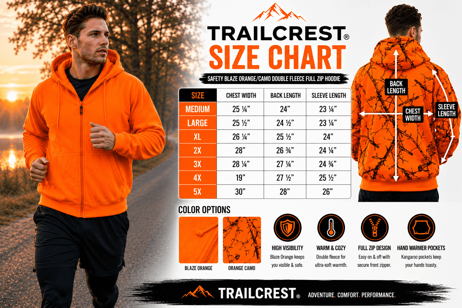 TrailCrest Safety Blaze Orange /Pink/ Camo Double Fleece Full Zip Hoodie (5X, Blaze Orange)