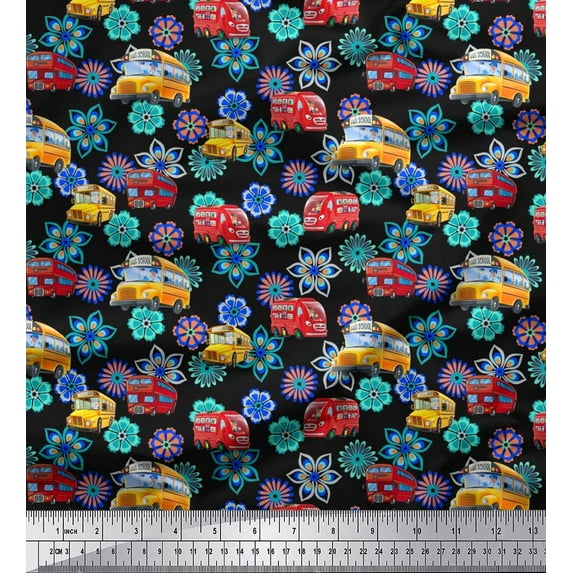 Soimoi Cotton Duck Fabric Artistic Floral & School Bus Kids Decor Fabric Printed Yard 56 Inch Wide