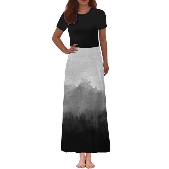 LOVZFMLL Robe Cheville à Manches Courtes Imprimée à Col Rond pour Femme Noir TG