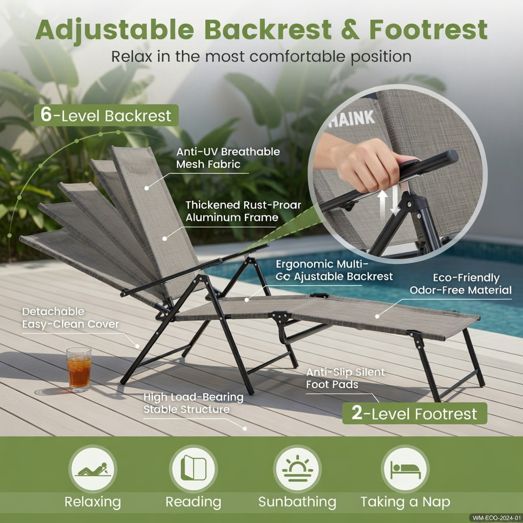 Hommoo 2-Pack Foldable Patio Chaise Lounge Chairs with 6-Position Reclining Backrest, Outdoor Loungers for Poolside, Backyard & Balcony, Gray