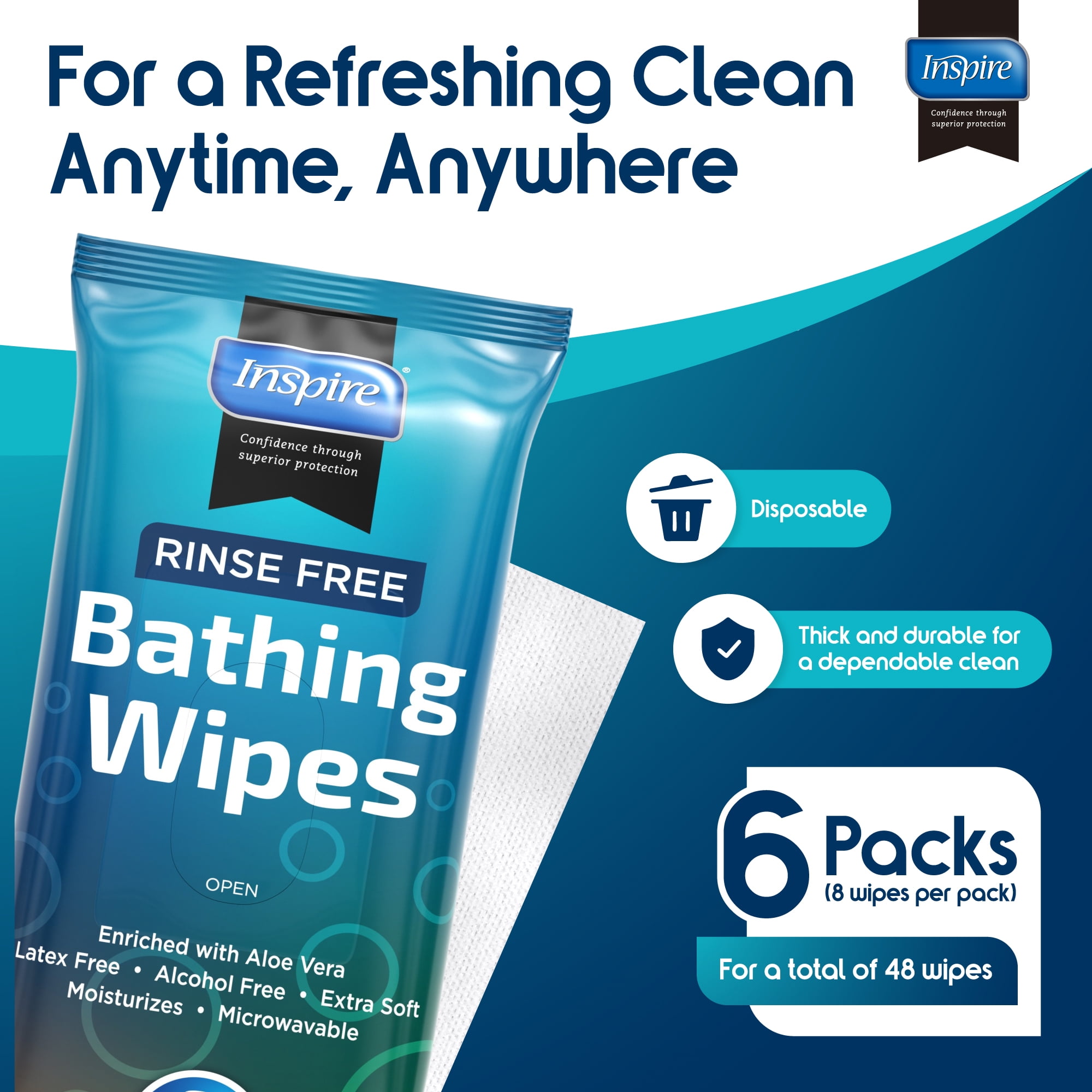 Inspire Rinse Free Bathing Wipes for Adults, Body Wipes and Feminine Cleansing , Aloe Vera (48 Count)