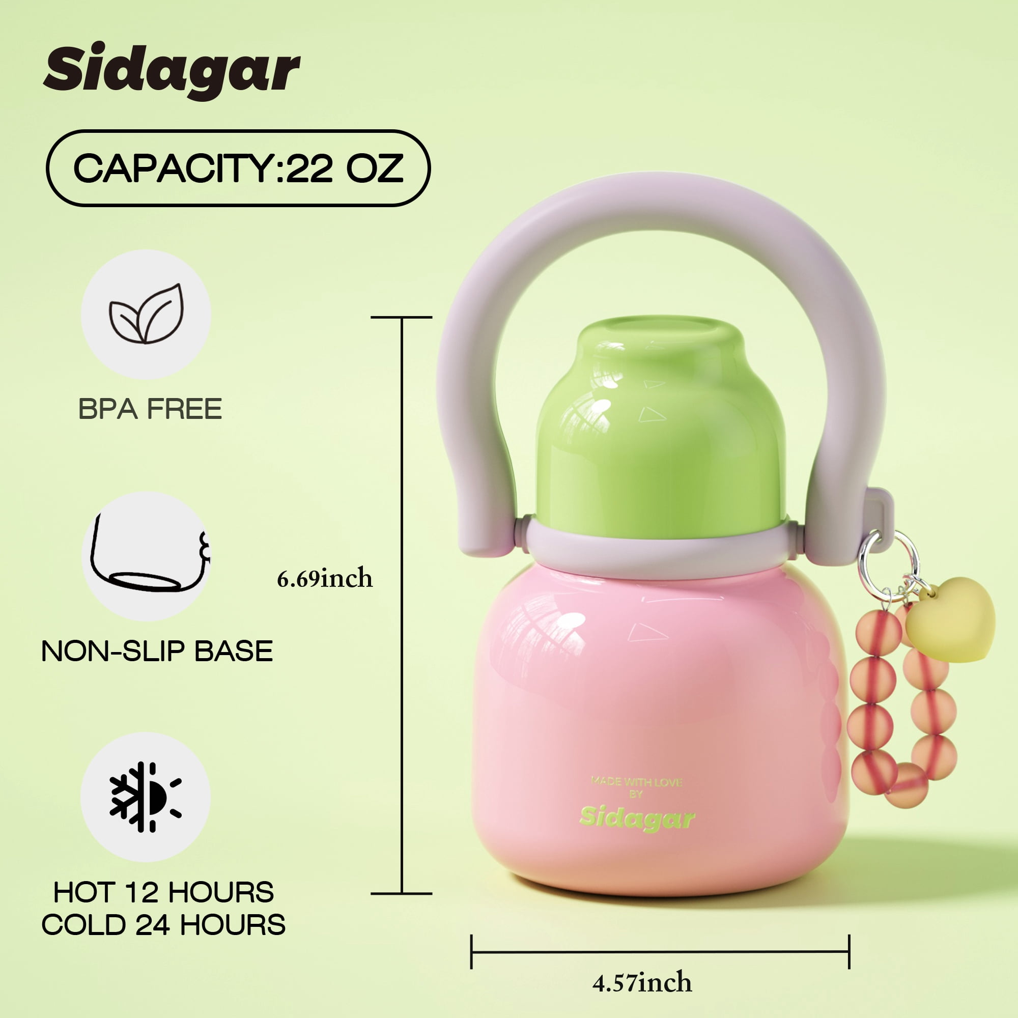 Sidagar 22 oz Pink Stainless Steel Vacuum Insulated Water Bottle