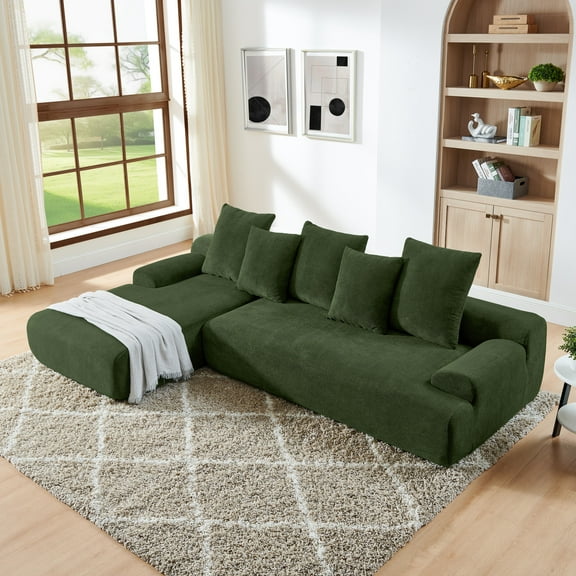 110" Modular Sectional Couch Sofa with 5 Pillows, L-Shape Compressed Sofa with Armrest and Chaise, No Assembly Required, Velvet Fabric Boneless Upholstered Couch for Living Room, Green