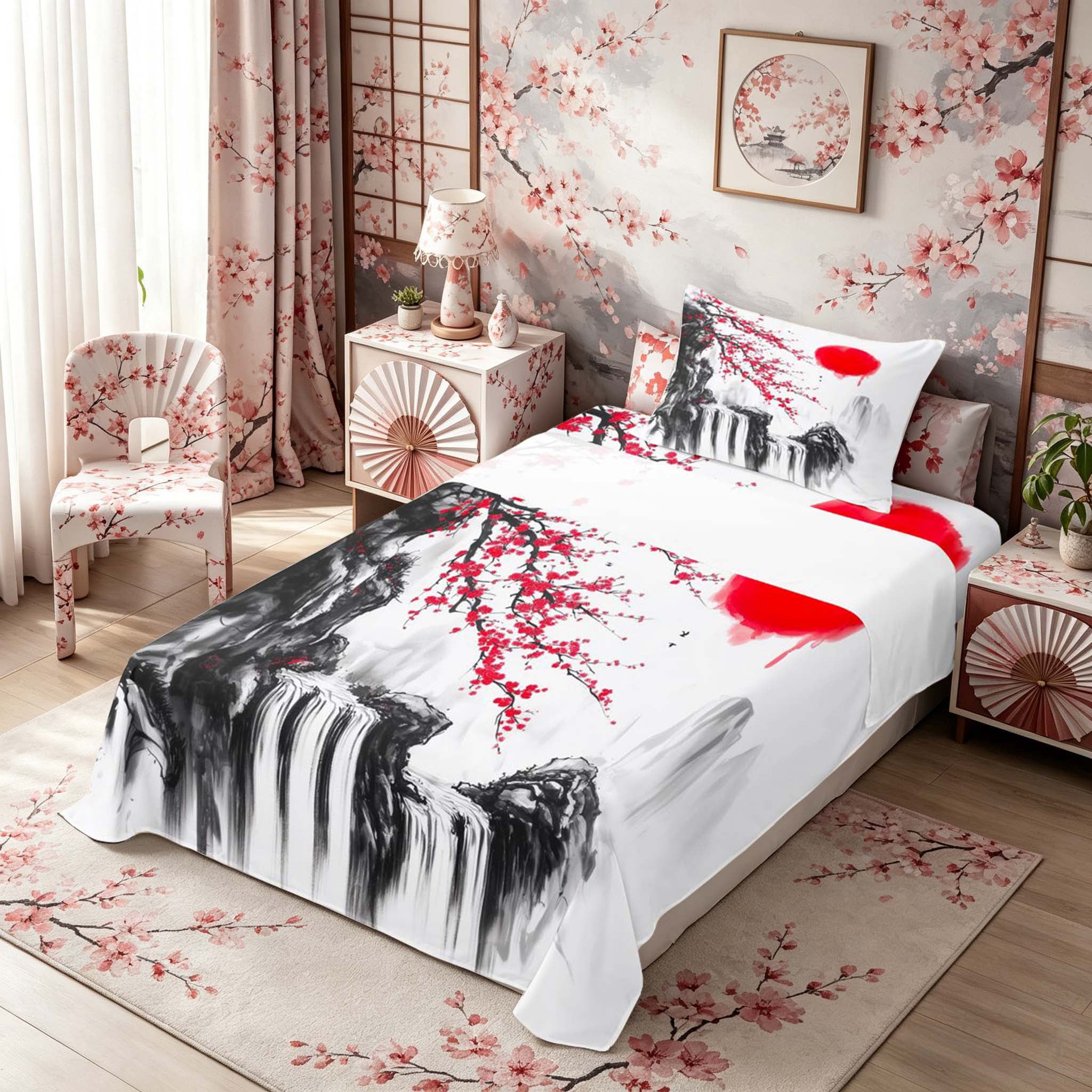 Manfei Ink Waterfall Twin Sheet Sets for Home, Plum Sun Bedding for Office, Black Red White 3-Piece, 1 Flat Sheet, 1 Fitted Sheet and 1 Pillowcase