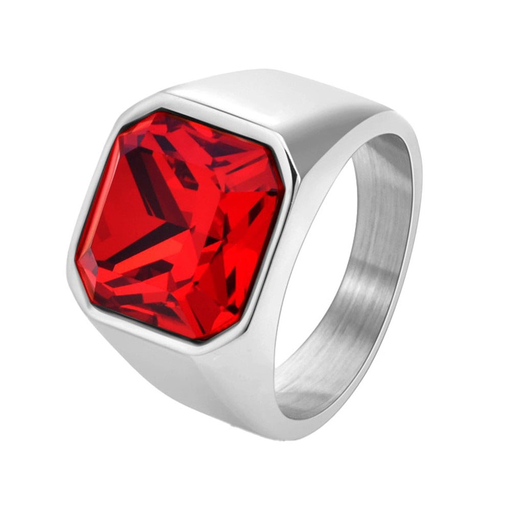 PAURO Gemstone Rings for Men Square Signet Band Personalized Stainless Steel Gem Everyday Cool Vintage Statement Dainty Classic Jewelry Silver-Red Size 12