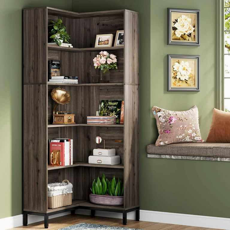 Tribesigns Grey L Shaped Large Tall Bookcase 6 Tier Corner Bookshelf Industrial Wood Storage Display Rack Walmart