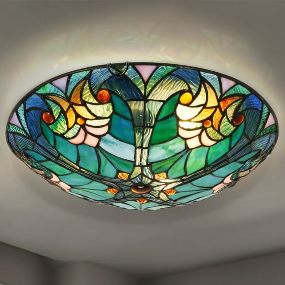 16" Tiffany Style Flush Mount Ceiling Light,Vintage 3-Light Stained Glass Decor Chandeliers Light for Bedroom,Living Room,Entryway,Foyer