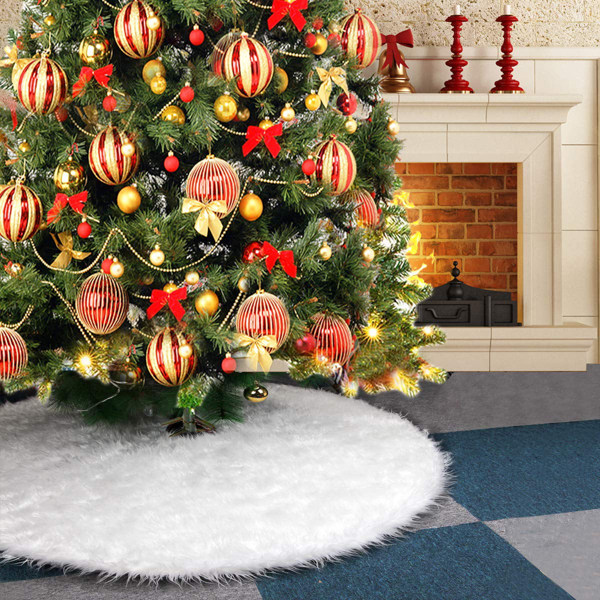 Christmas Tree Skirt Base Faux Fur Xmas Floor Mat Ornaments Xmas Decor White UK 
