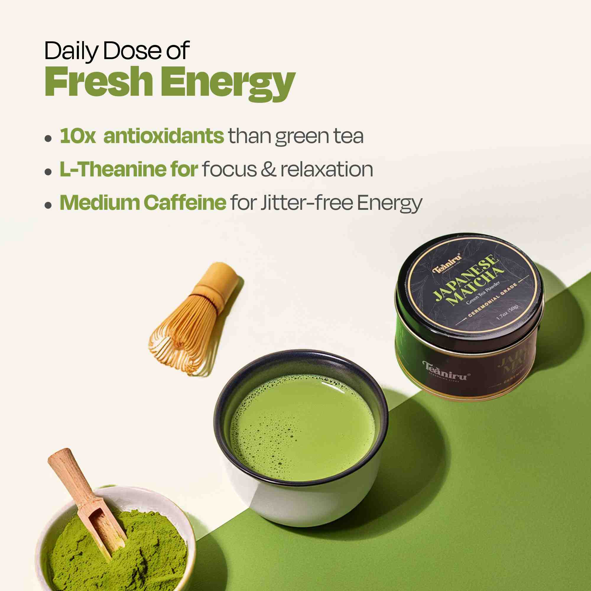 Teaniru, Japanese Matcha Ceremonial Grade - Green Tea Powder, 1.75 OZ | Authentic Japanese 1st Harvest | For Energy & Focus| Your Everyday Super Drink - Serves up to 100 Cups