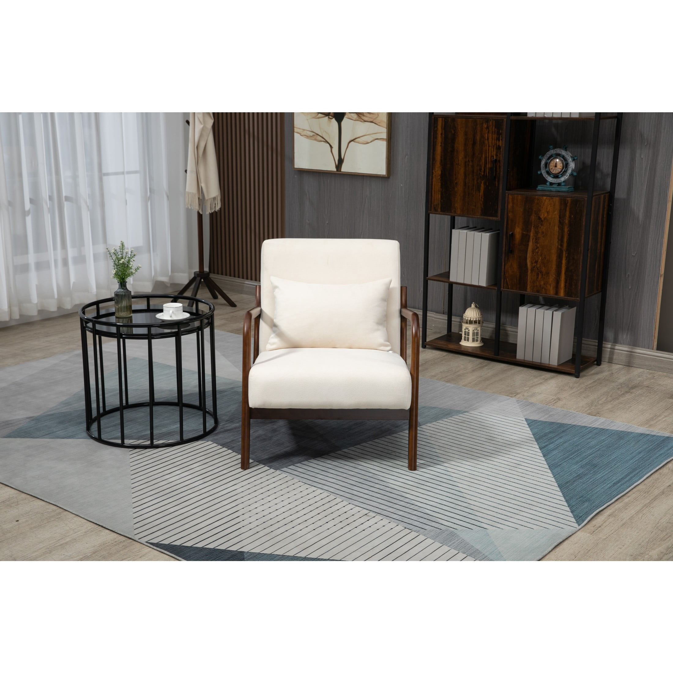GDF Studio Ciara Mid-Century Modern Solid Wood Accent Chair, Reading Armchair for Living Room, Bedroom, White & Walnut